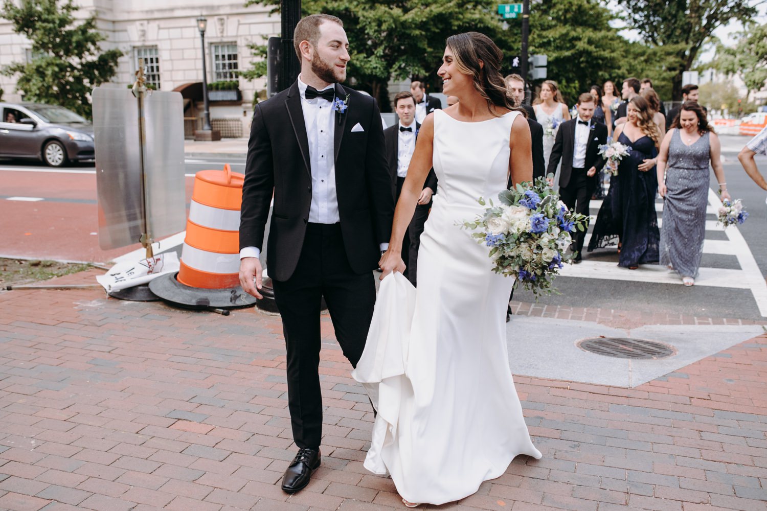 bride and groom walking in dc