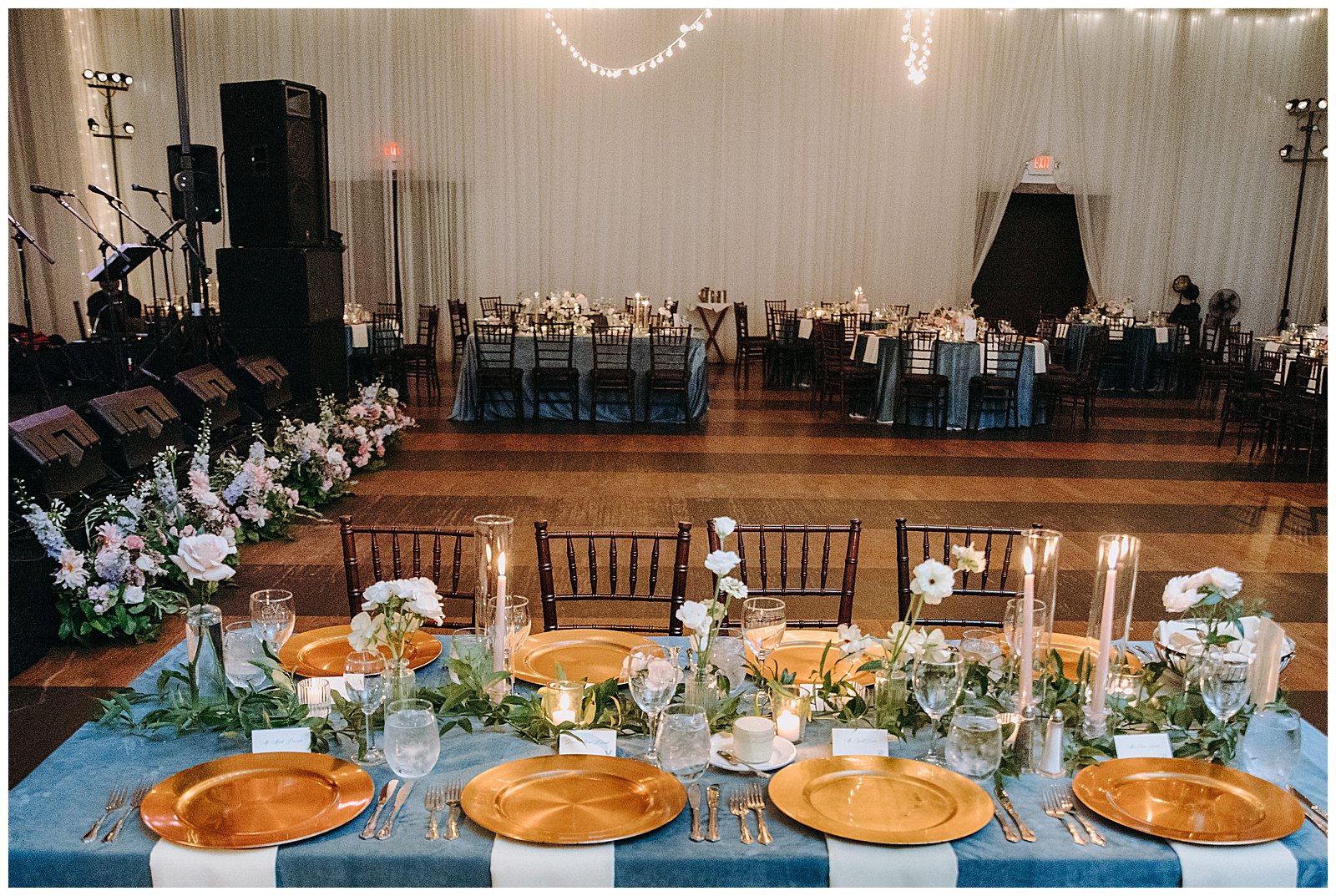 veritas wedding reception table tie gold plates