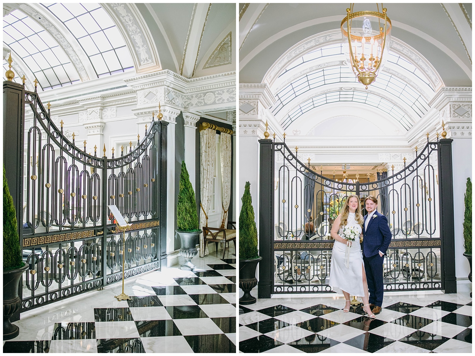 bride and groom in front of gate