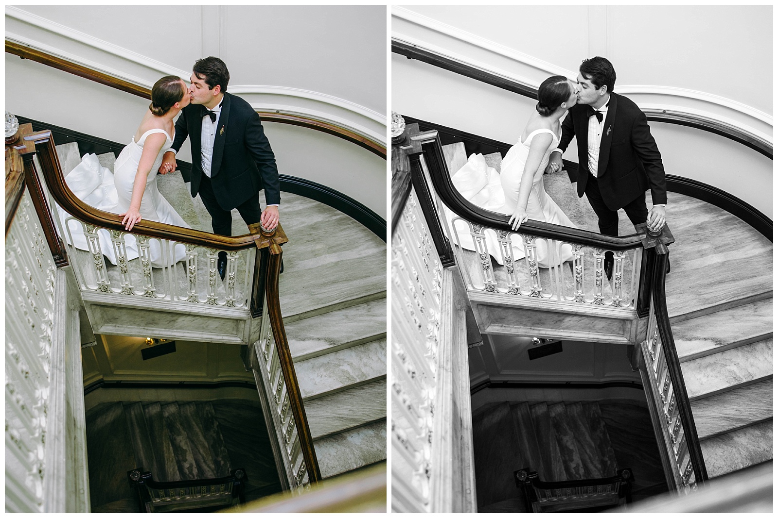 bride and groom on stairs